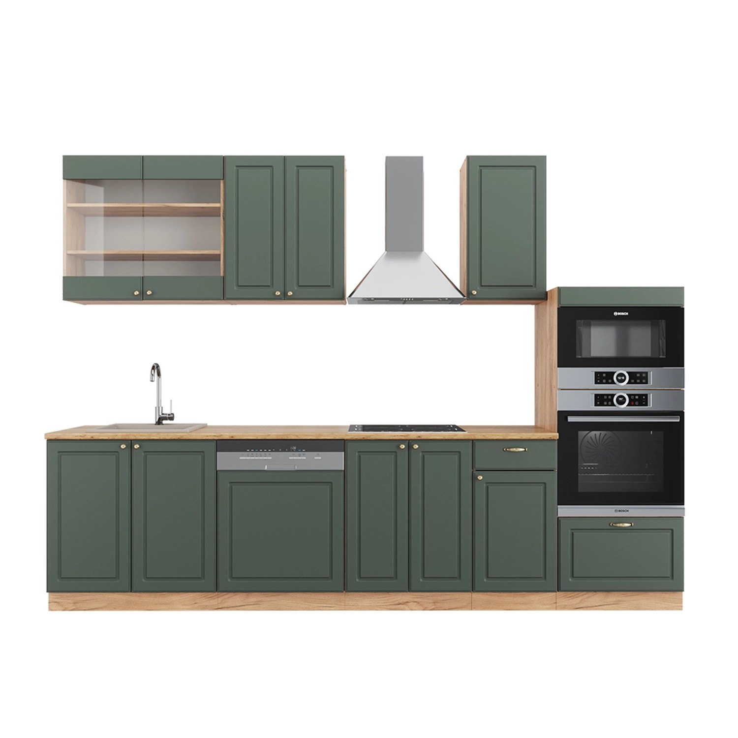 Vicco Fame-Line Küchenzeile Grün-Gold Landhaus/Goldkraft Eiche 300 cm mit H günstig online kaufen