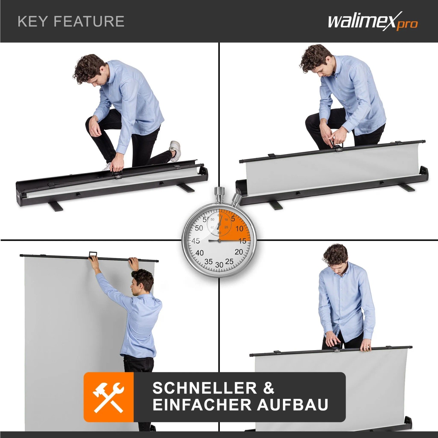 Mann baut grauen Walimex Pro Roll-Up Fotohintergrund (155x200cm) schnell auf. Einfacher Aufbau für Fotostudio.