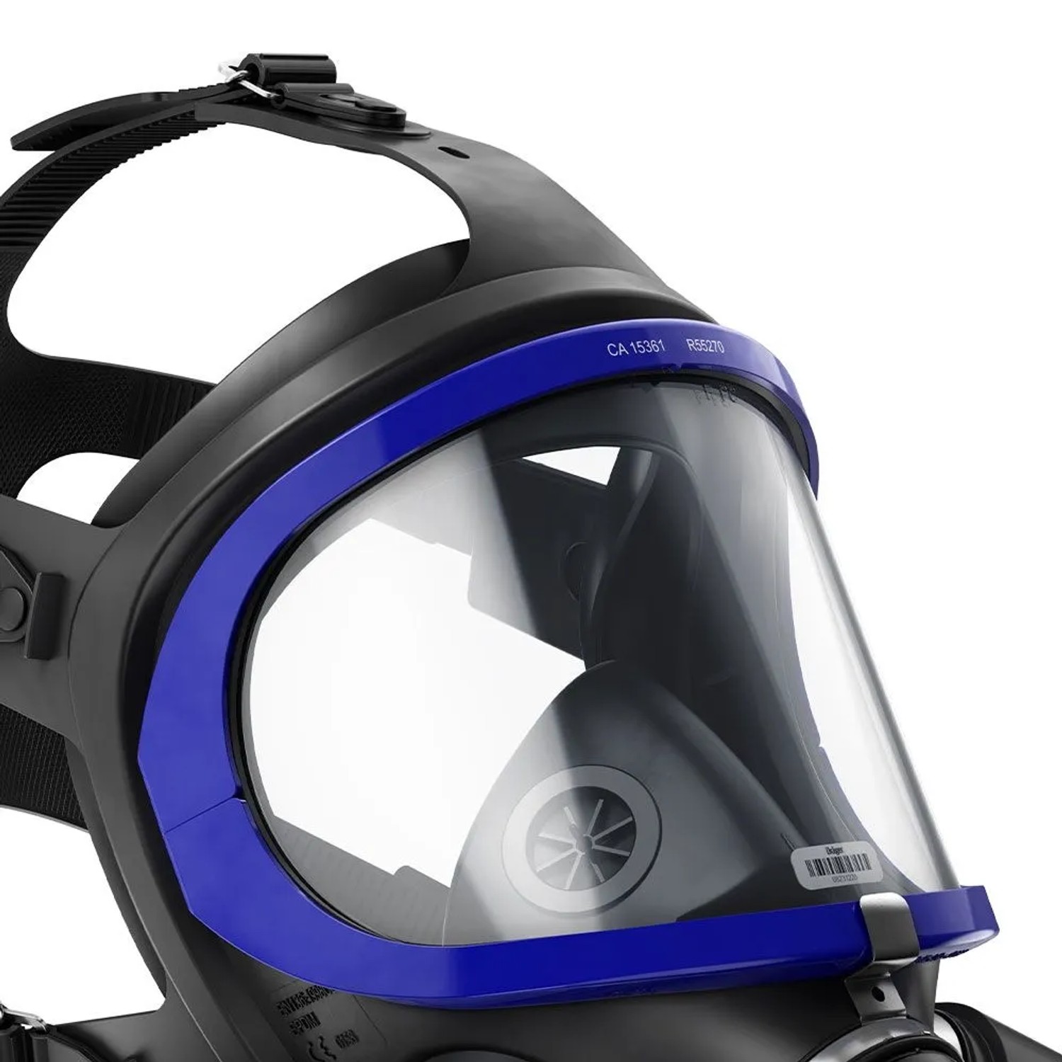 Dräger Atemschutzmaske mit klarer Sichtscheibe und blauem Rahmen für Farbspritzfolie.