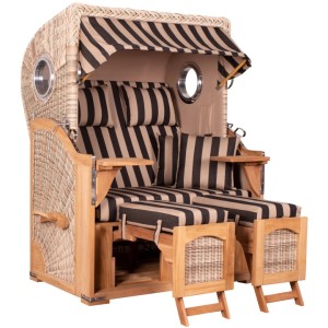 GarWoh Strandkorb Rantum Teak mit PE-Geflecht und Streifenmuster.