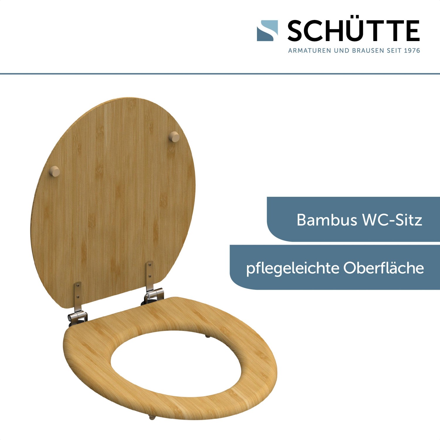 Schütte Bambus WC-Sitz Natural Bamboo, offen, aus hellem Bambusholz mit silbernen Scharnieren.