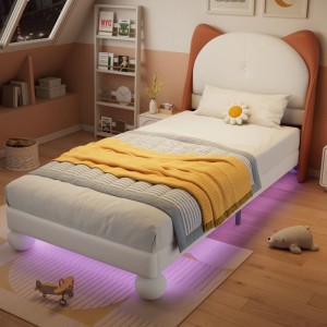 PXloue Kinderbett 90x200 Polsterbett mit LED Katzenohren-Kopfteil Beige-Braun