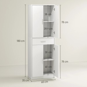 Weißer HOMCOM Küchenschrank (60x35x180cm) mit Schublade und offenen Türen.