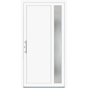 Weiße Kunststoff-Haustür Panto K011 mit Seitenteil aus Milchglas, Griff links.