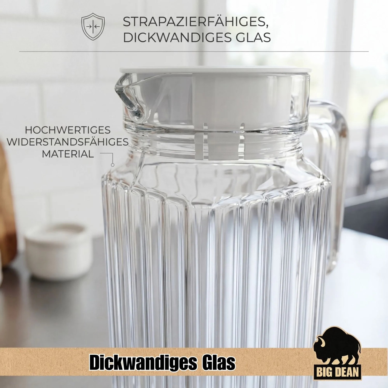 BigDean 2 Stück Kühlschrankkrug 1,1 Liter Glas Wasserkrug mit Deckel Ergonomischer Griff_4