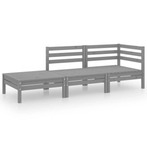 Graues 3-tlg. Garten-Lounge-Set aus Kiefernholz mit Ecksofa, Mittelteil und Hocker.