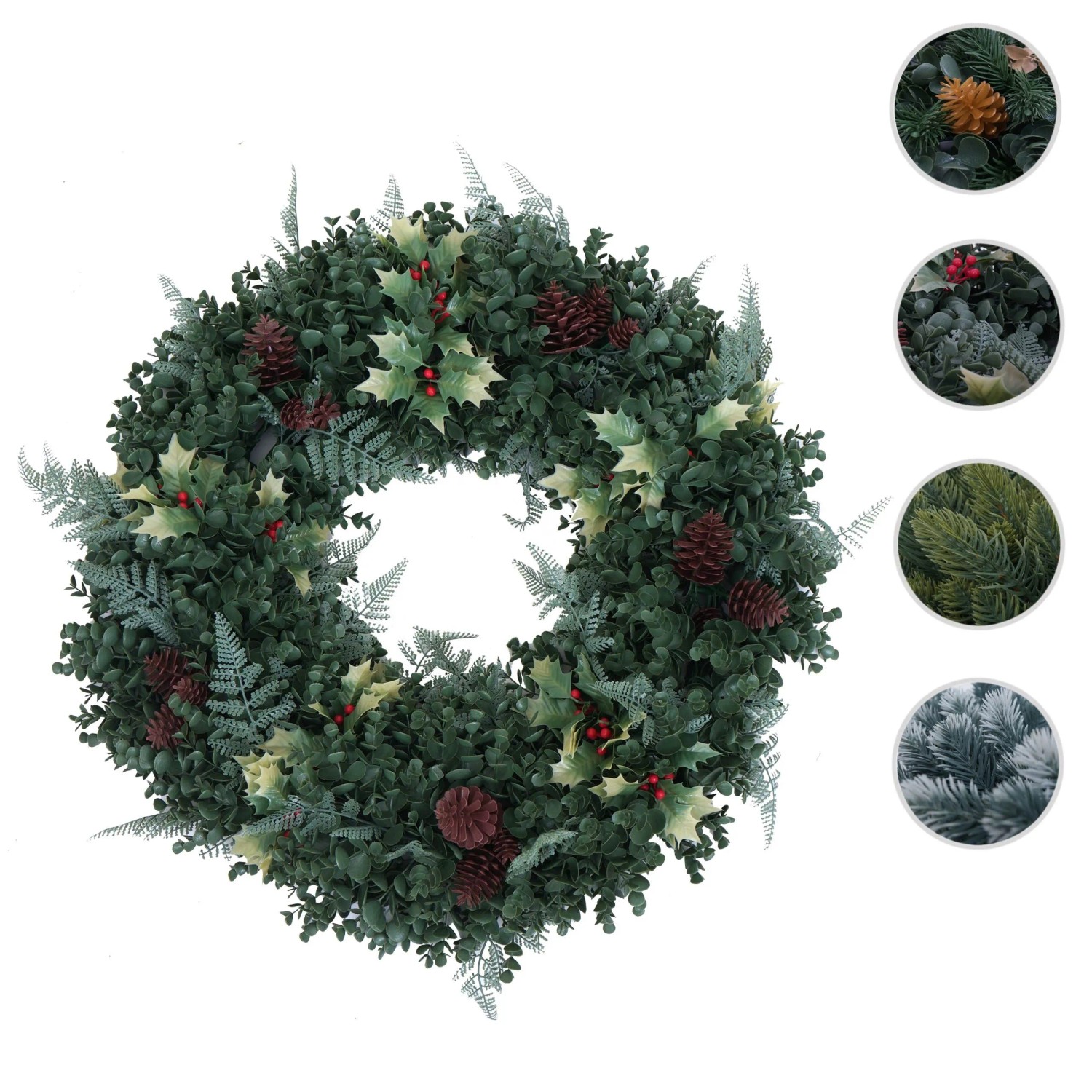 Künstlicher Weihnachtskranz Ø 60cm mit grünen Blättern, roten Beeren und Zapfen. Ideal als Türkranz oder Tischdeko.