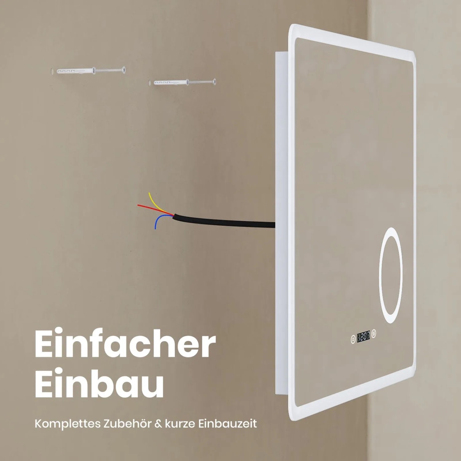 Emke Badspiegel mit 3-fache Vergrößerung 80 x 60 cm LED Spiegel mit Beschlagfrei Uhr Kaltweißes Licht_9