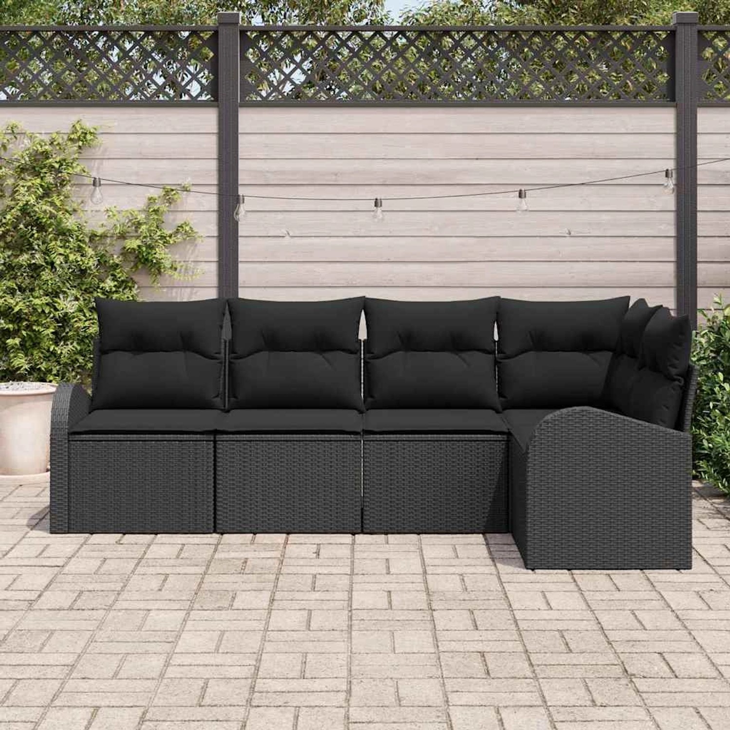 Schwarzes 5-teiliges Garten-Sofa-Set aus Poly Rattan mit Kissen von vidaXL.
