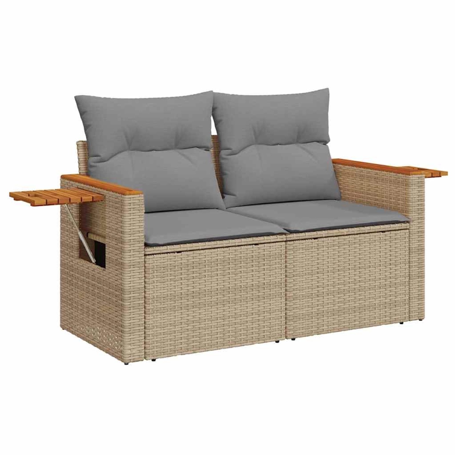 Beige 2-Sitzer Garten-Sofagarnitur aus Rattan mit grauen Kissen und Ablagetisch.