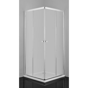 Sanotechnik Eckeinstieg 90x90x190 cm mit Chromprofilen und Schiebetüren aus Klarglas.