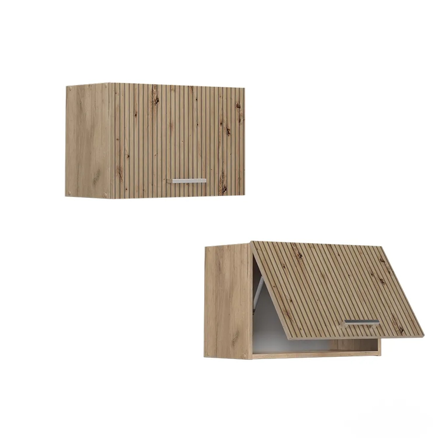 Vicco Hängeschrank R-Line, Artisan-Eiche/Goldkraft Eiche, 60 cm breit. Küchenschrank geschlossen und geöffnet.