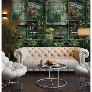 A.S. Creation Fototapete Floral Fenster Industrial Grün-Braun, zeigt Wohnzimmer mit Couch vor floraler Fenster Tapete.
