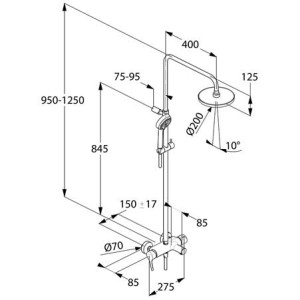 Technische Zeichnung: Kludi LOGO Dual Shower System mit Wanneneinlauf, Chrom, Maße und Details.