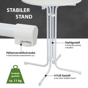 Detailansicht: Weißer, klappbarer TRUTZHOLM Stehtisch mit Stahlgestell und Höhenverstellung.