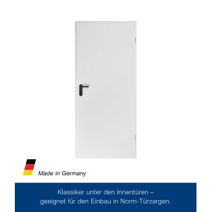 Weiße ZK-Tür mit Eckzarge, DIN Rechts, 875x1875x55 mm, Stahltür mit schwarzem Türgriff.