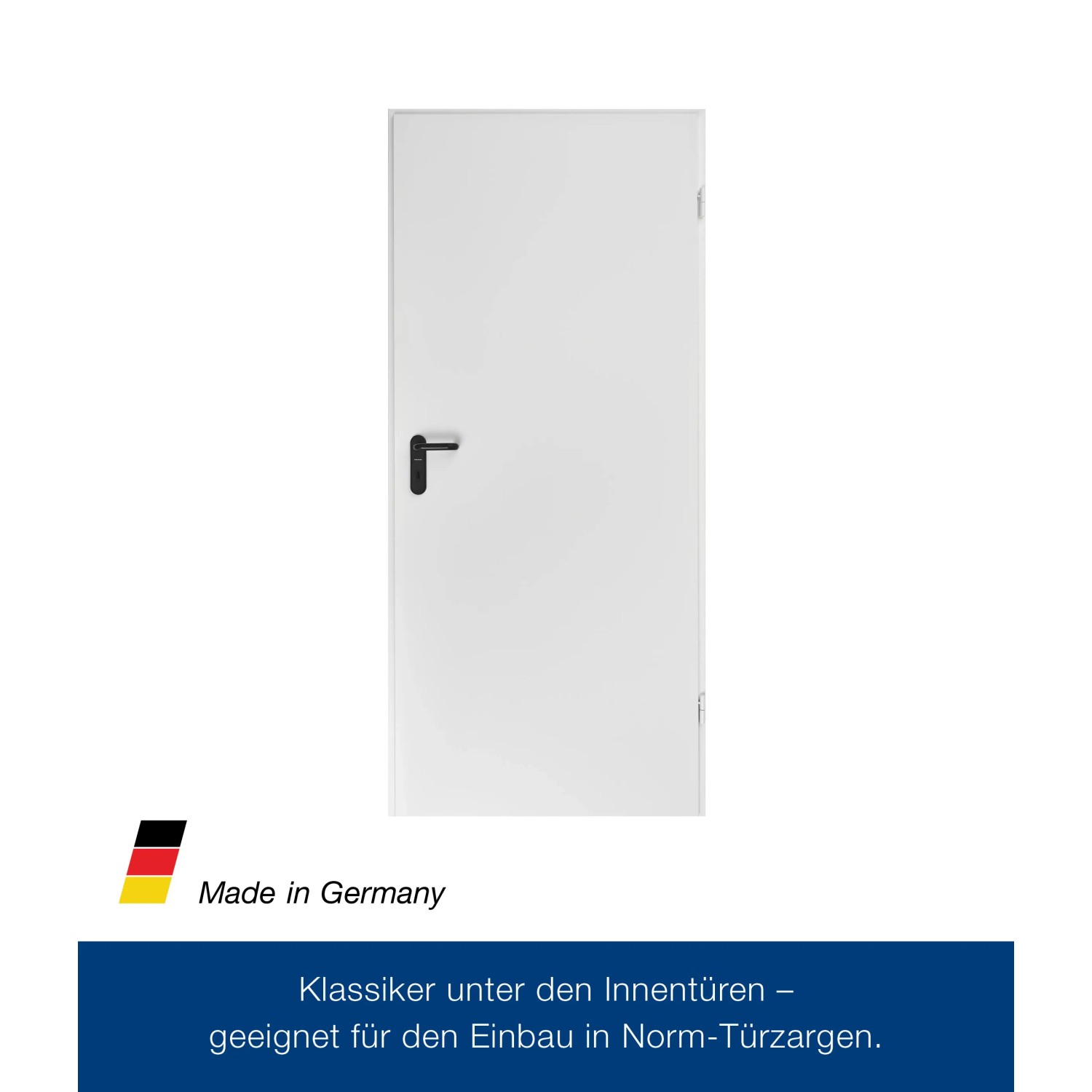 Weiße ZK-Tür mit Eckzarge, DIN Rechts, 875x1875x55 mm, Stahltür mit schwarzem Türgriff.