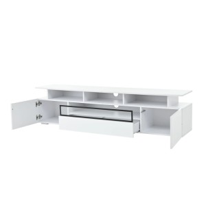 Weißer Hochglanz TV Schrank mit offener Schublade, Türen und LED-Fach. Modernes Lowboard für Wohnzimmer.
