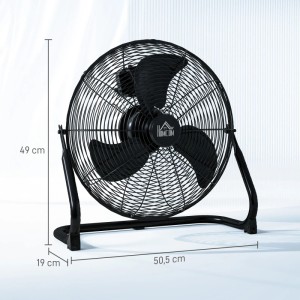Schwarzer HOMCOM Tischventilator mit Metallgehäuse und drei Rotorblättern, Maße sind eingezeichnet.