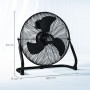 Schwarzer HOMCOM Tischventilator mit Metallgehäuse und drei Rotorblättern, Maße sind eingezeichnet.