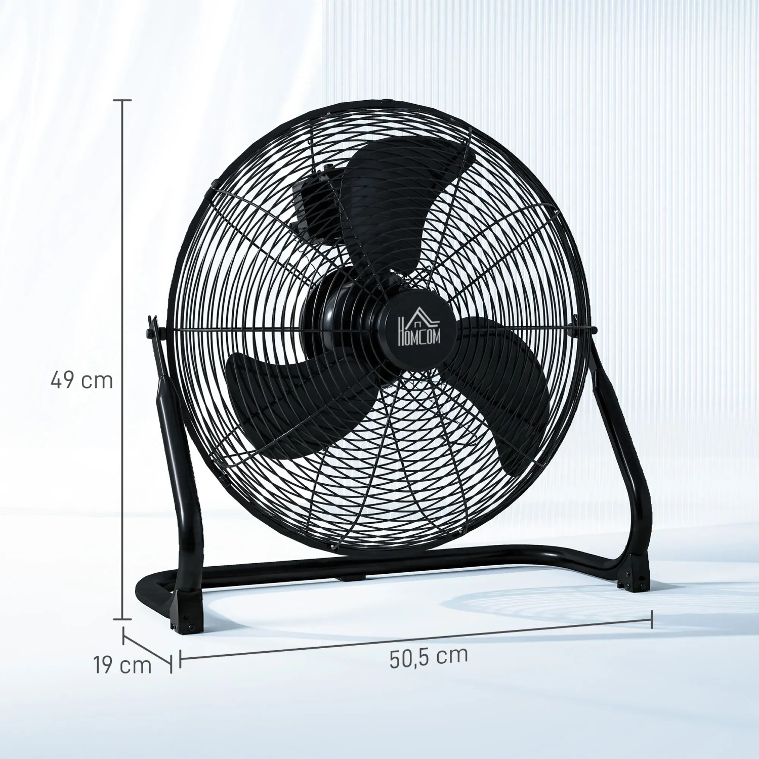 Schwarzer HOMCOM Tischventilator mit Metallgehäuse und drei Rotorblättern, Maße sind eingezeichnet.