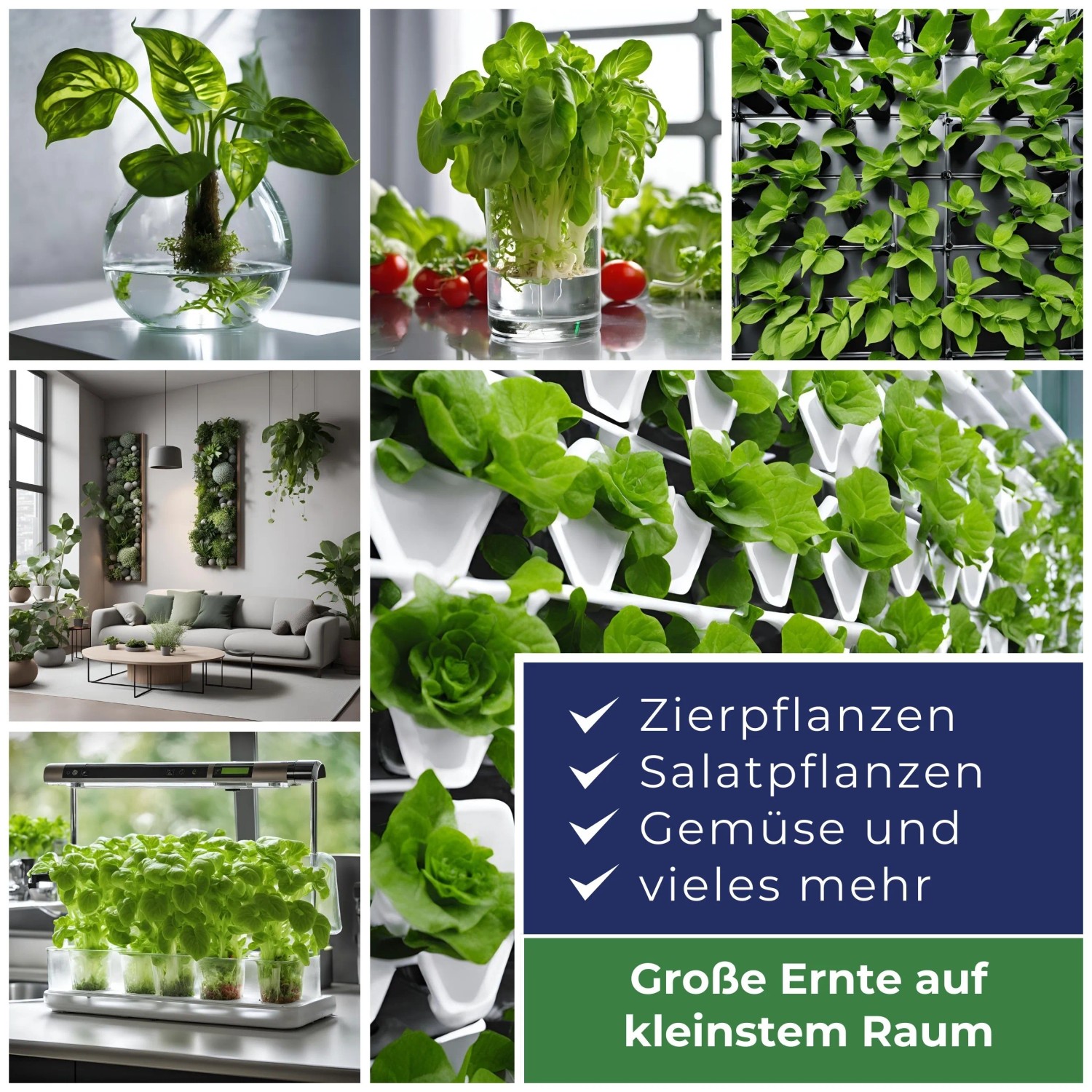 Anwendungsbeispiele Blusana Hydroponik Dünger: Zimmerpflanzen, Salat, Wandbegrünung, Pflanztower.