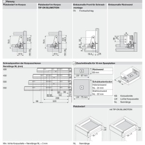 Blum Tandembox antaro N Vollauszug Blumotion: Technische Zeichnung mit Einbau- & Zuschnittmaßen.