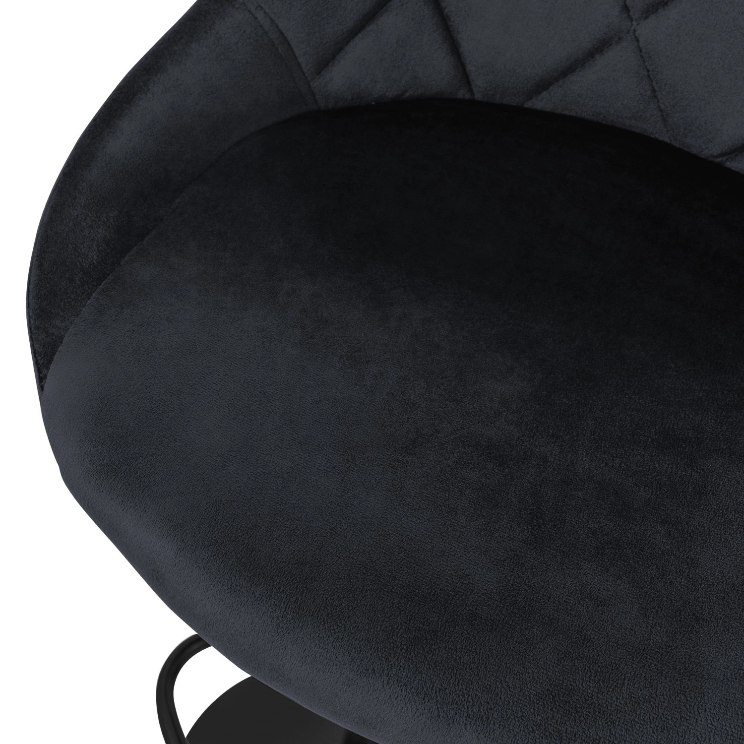 Detailaufnahme: Schwarzer ML-Design Barhocker aus Samt mit Rückenlehne und Fußstütze.