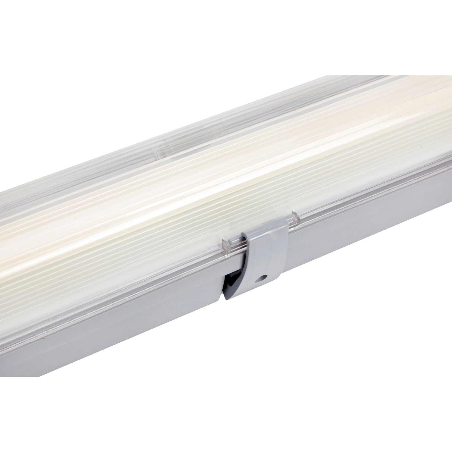 Graue Feuchtraumleuchte, 58 W, mit Befestigungsclip. Ideal für Bad, Keller und Küche.