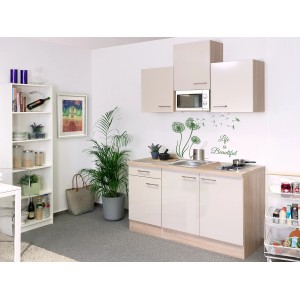 Flex-Well Singleküche Orlando, 150 cm, Kaschmir Glanz/Sonoma Eiche, mit Kochfeld, Spüle und Mikrowelle.