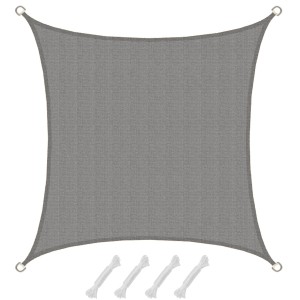 Graues, quadratisches AMANKA Sonnensegel 2x2m mit Seilen und D-Ringen aus Edelstahl.