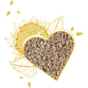 Elles Sonnenblumenkerne geschält (2,5kg) im Herz vor stilisierter Sonnenblume. Wildvogelfutter.