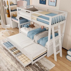 Weißes Etagenbett 90x200cm aus Kiefernholz/MDF mit Leiter, Ausziehbett und 3 Schubladen für Kinderzimmer.