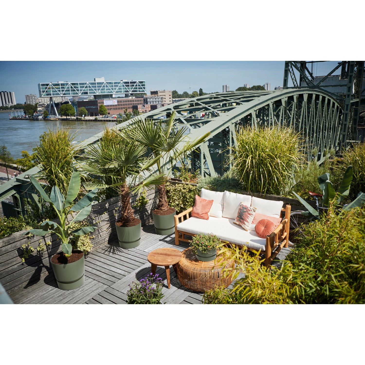 Elho Greenville Pflanzgefäß, rund, Ø 47 cm, laubgrün, mit Pflanzen auf einer Dachterrasse.