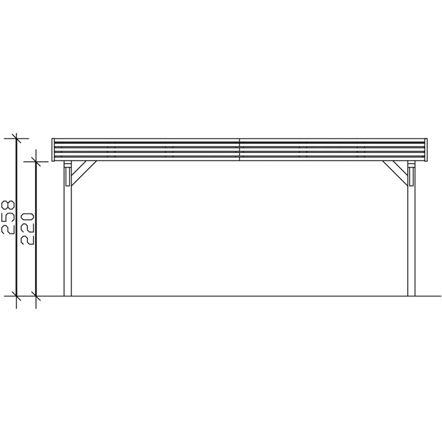 Technische Zeichnung: Skan Holz Carport Spessart, 611x604 cm, weiße Leimholz-Konstruktion mit Dachplatten.