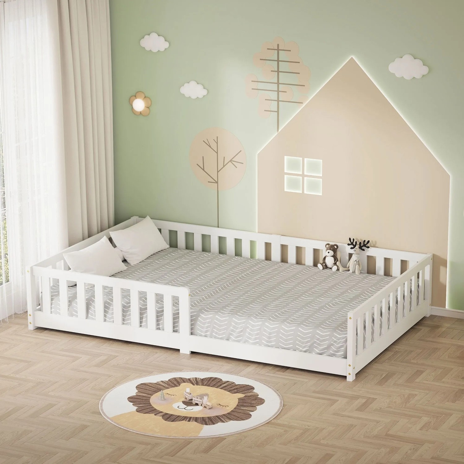 Weißes Montessori Kinderbett aus Kiefernholz, 120x200 cm, mit Lattenrost und Rausfallschutz im Kinderzimmer.