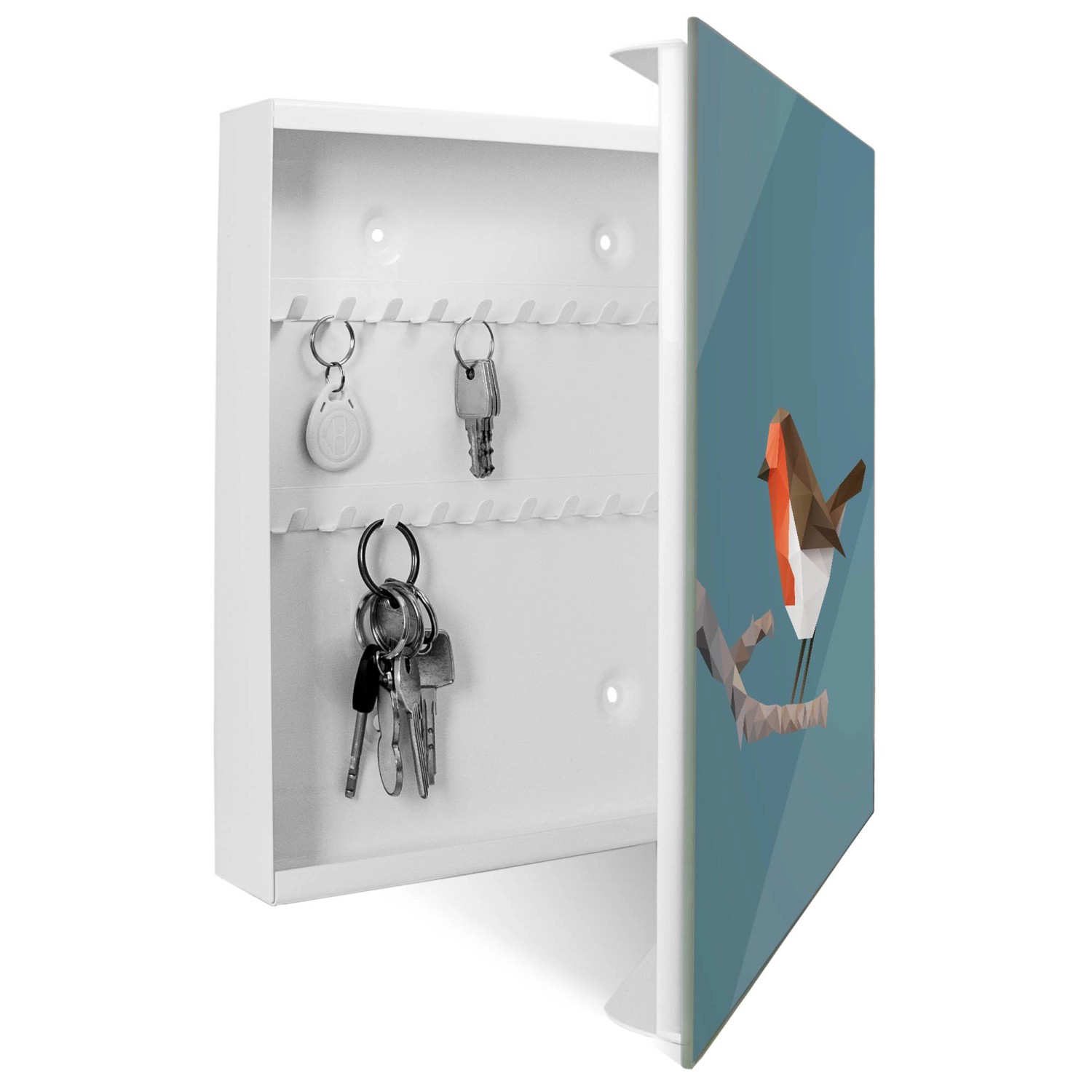 Weißer Banjado Schlüsselkasten mit Glasfront, Vogelmotiv, 50 Haken, magnetisch und beschreibbar.