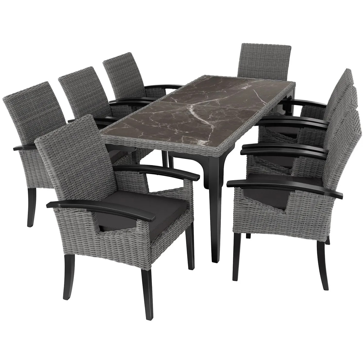 Tectake Rattan Tisch Foggia Mit 8 Stühlen Rosarno  Mit Stabilen Holzgestellen 2 Abnehmbare Feinsteinzeugplatten  196 x 87 x 76 cm Grau