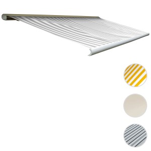 Elektrische Kassettenmarkise 4x3m, grau-weiß gestreift. Markise mit Motor und Kurbel.