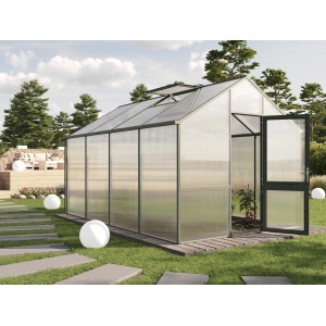 KGT Gewächshaus Tannengrün, 12,74 m², mit geöffneter Tür und Dachfenster im Garten.