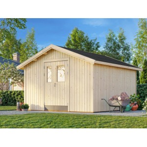 Hellgraues Palmako Gerätehaus Lucas aus Holz mit Fenster und Schubkarre im Garten.