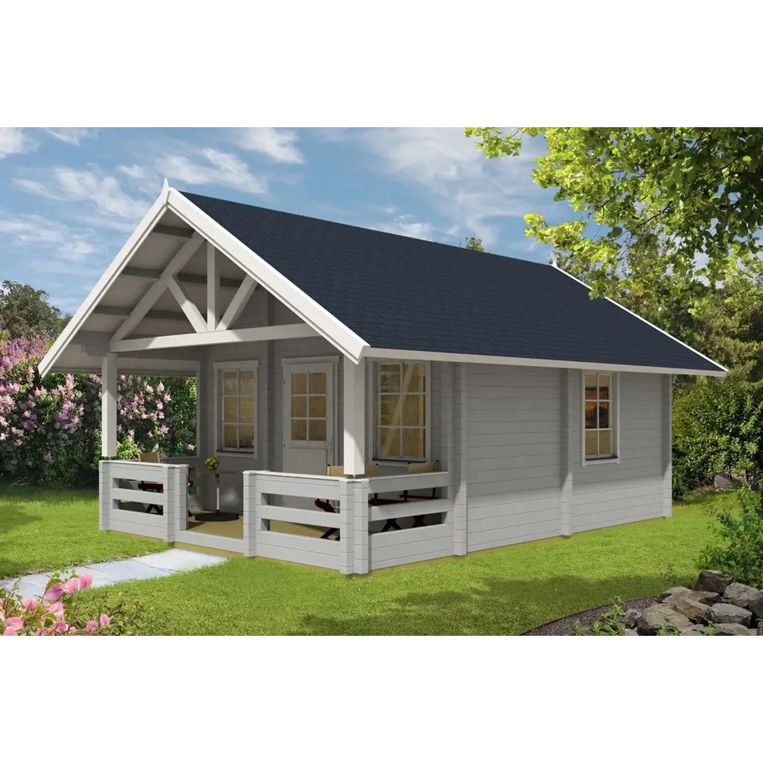 Graues Alpholz Gartenhaus Lillehammer mit Satteldach und überdachter Veranda.
