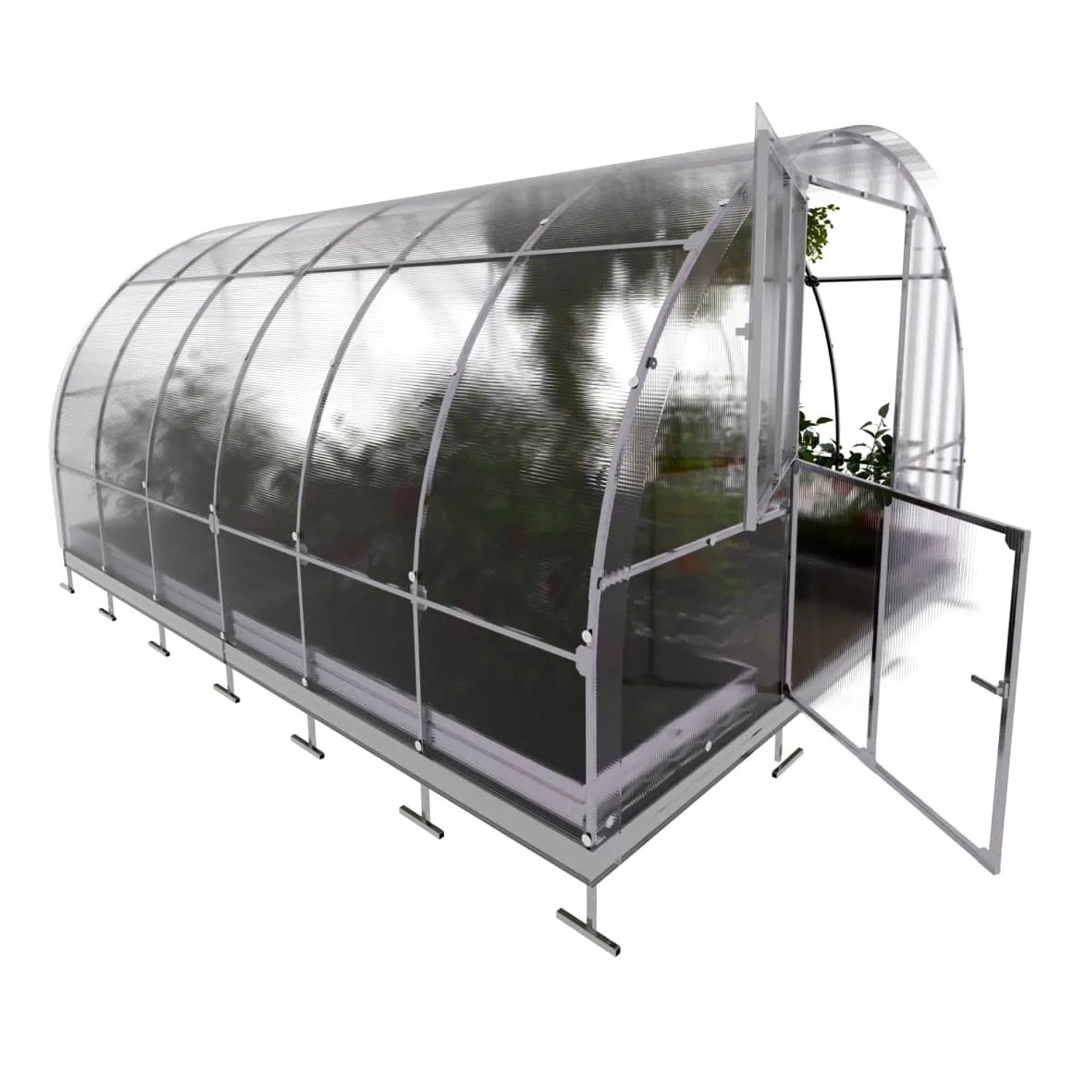 Klasika Gewächshaus 12m² mit Polycarbonat, Rohrrahmen, offene Tür. Ideal für den Gartenbau.