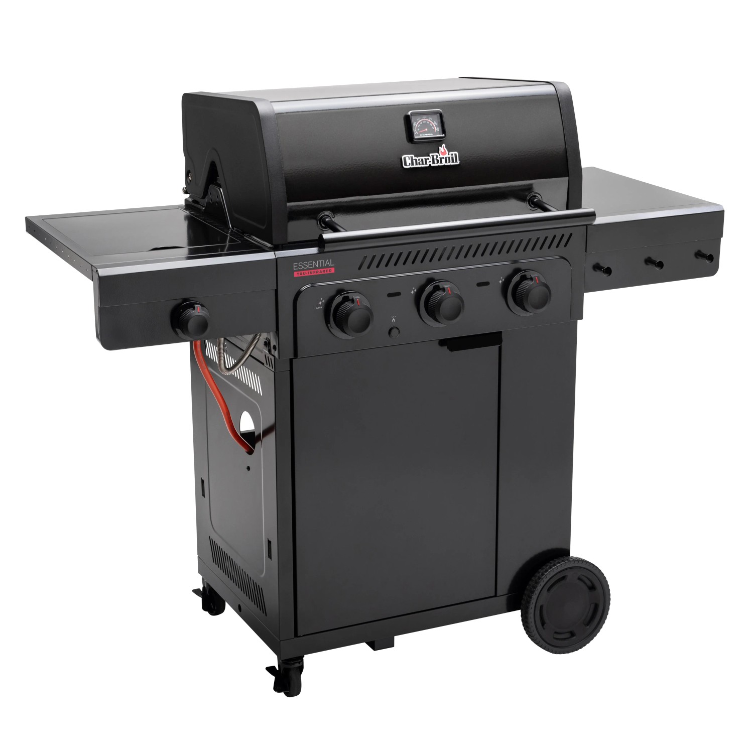 Schwarzer Char-Broil Gasgrill Essential 3 G mit Seitenbrenner und Tru-Infrared Technology.