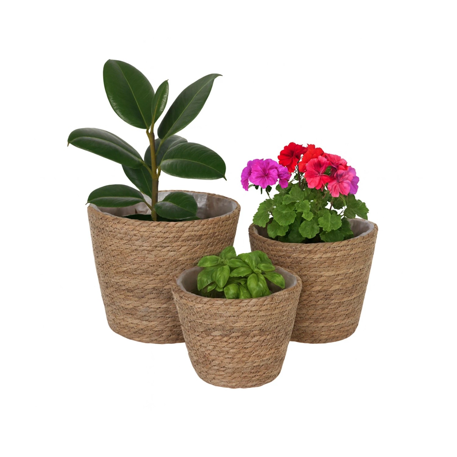 Relaxdays Blumentöpfe Schilf Kunststoff Natur 3er Set Folienausgekleidet 23 cm x ø 25,5 cm 19,5 cm x ø 21,5 cm 16 cm x ø 19,5 cm