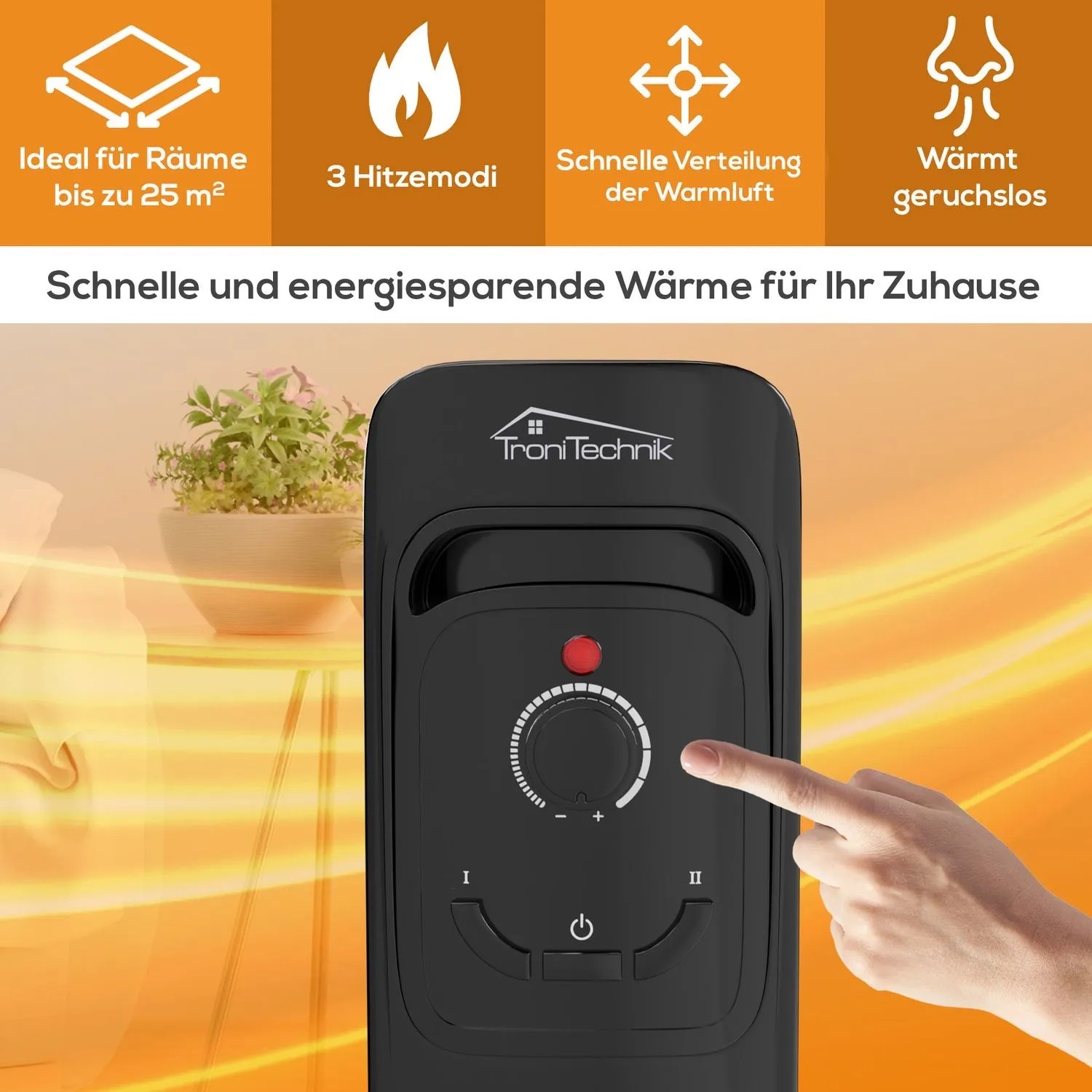 Schwarzer TroniTechnik Ölradiator TT OR 207 mit 7 Rippen und Drehregler. Elektrische Heizung mit 1500 Watt.