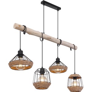 Globo Hängeleuchte Surri, 4-flammig, schwarz-matte Metall-Gitter und Holzstab, Pendelleuchte für Wohnräume.