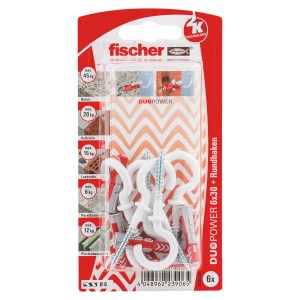 Fischer Dübel DuoPower 6x30 mit Rundhaken, 6er-Pack. Dübel rot/grau mit Schrauben und Haken.