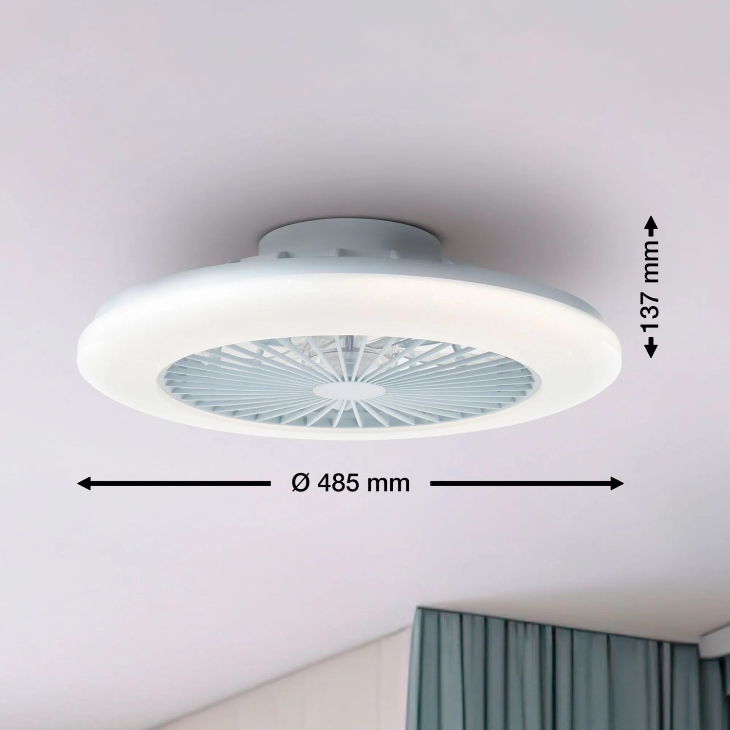 Weiße LED-Deckenleuchte Salerno mit Ventilator, Durchmesser 48,5 cm.