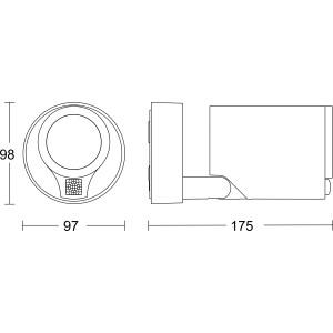 Skizze des Steinel LED-Strahlers Spot One SC Anthrazit mit Maßangaben.